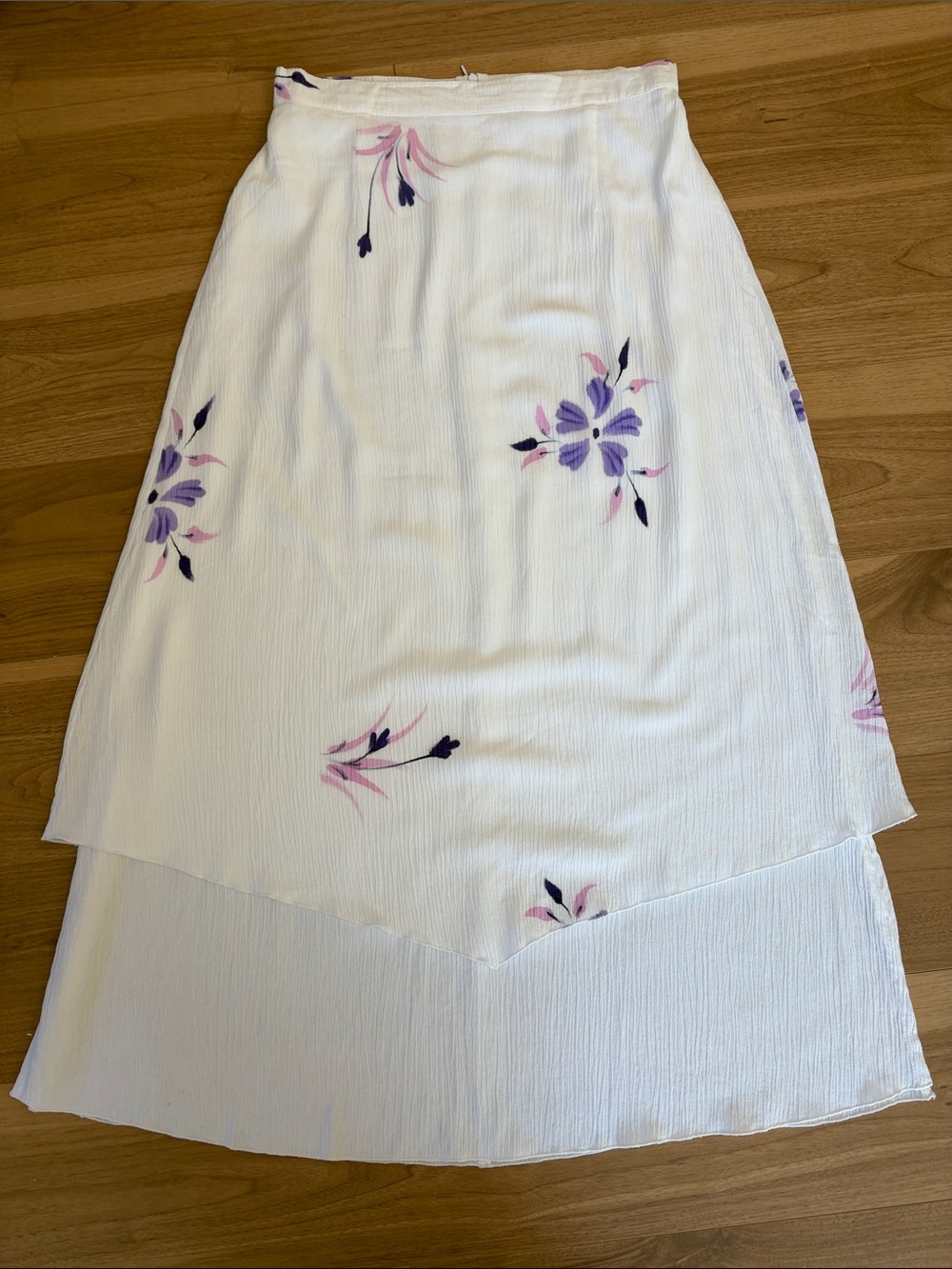 White Floral High-Low Maxi Skirt with Purple & Pink Blooms